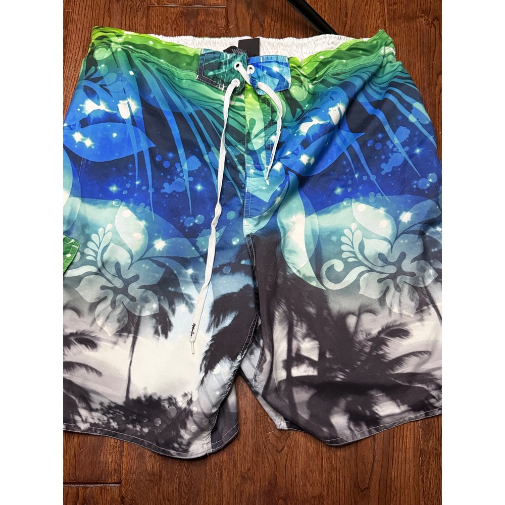 Maui and‎ Sons Mens XL Board Shorts Tropical Palm Tree Floral Swim Trunks Blue